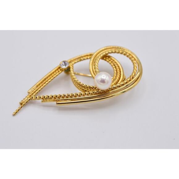Vintage Pin Brooch Gold Rhinestone White Pearl Abstract 1980s 9B - Picture 4 of 12